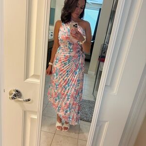 Source Unknown Pink & Blue Asymmetrical Pleated Wrap Dress